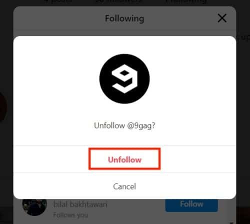 Confirm to unfollow