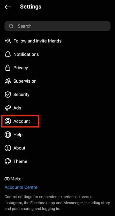 Select account in the settings