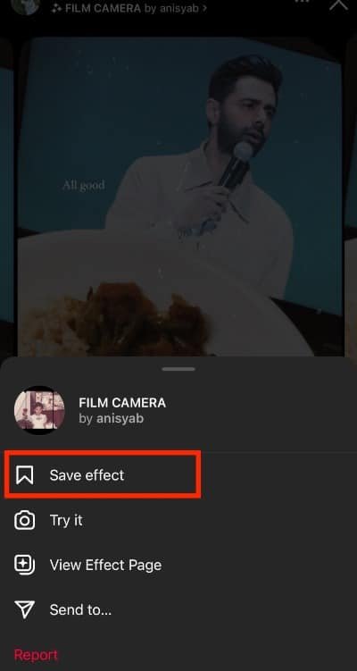 Select save effect to save the Instagram story filter