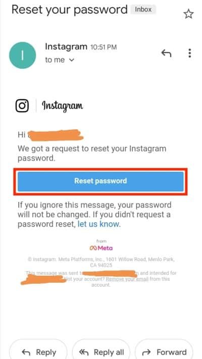 click the reset link in the email from Instagram