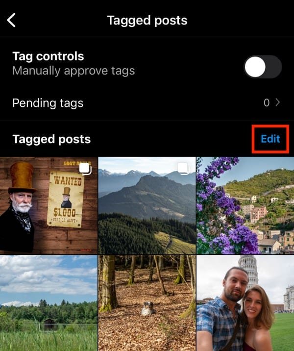 Select Edit from the tagged posts section