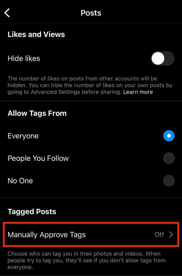 Select Manually Approve tags from the tagged posts section