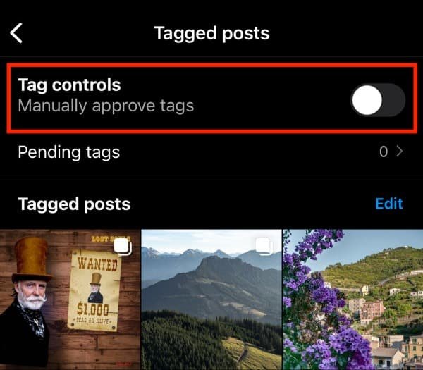 Toggle tag controls from off to on to manually approve tags on Instagram