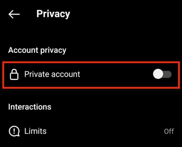 Toggle the private account option to the on position