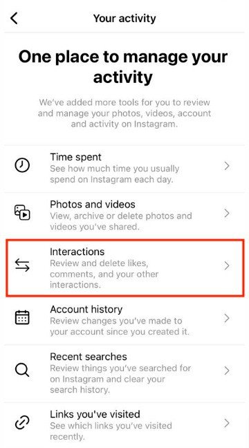 select Interactions from your activity menu on instagram